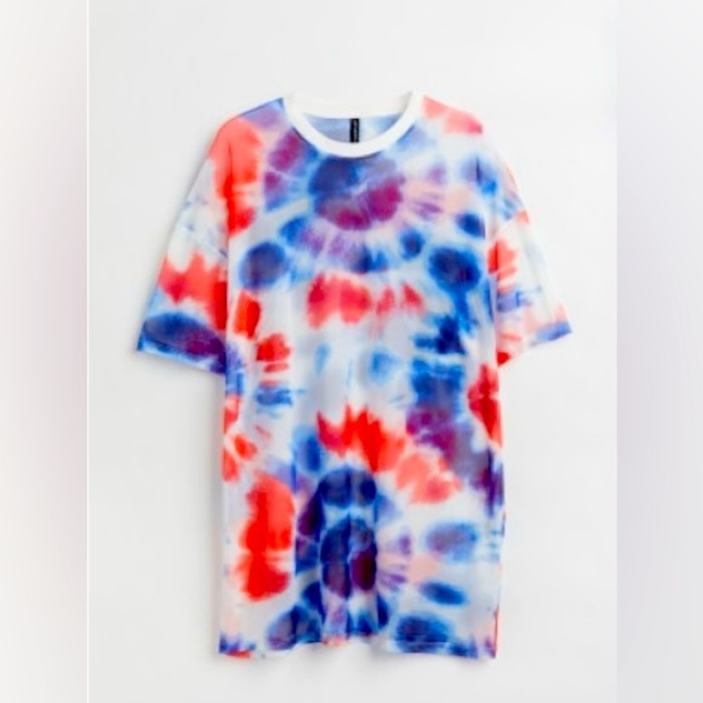 NWT H&M Mesh Tie-Dye T-Shirt Dress - Red, Blue, White Size XL